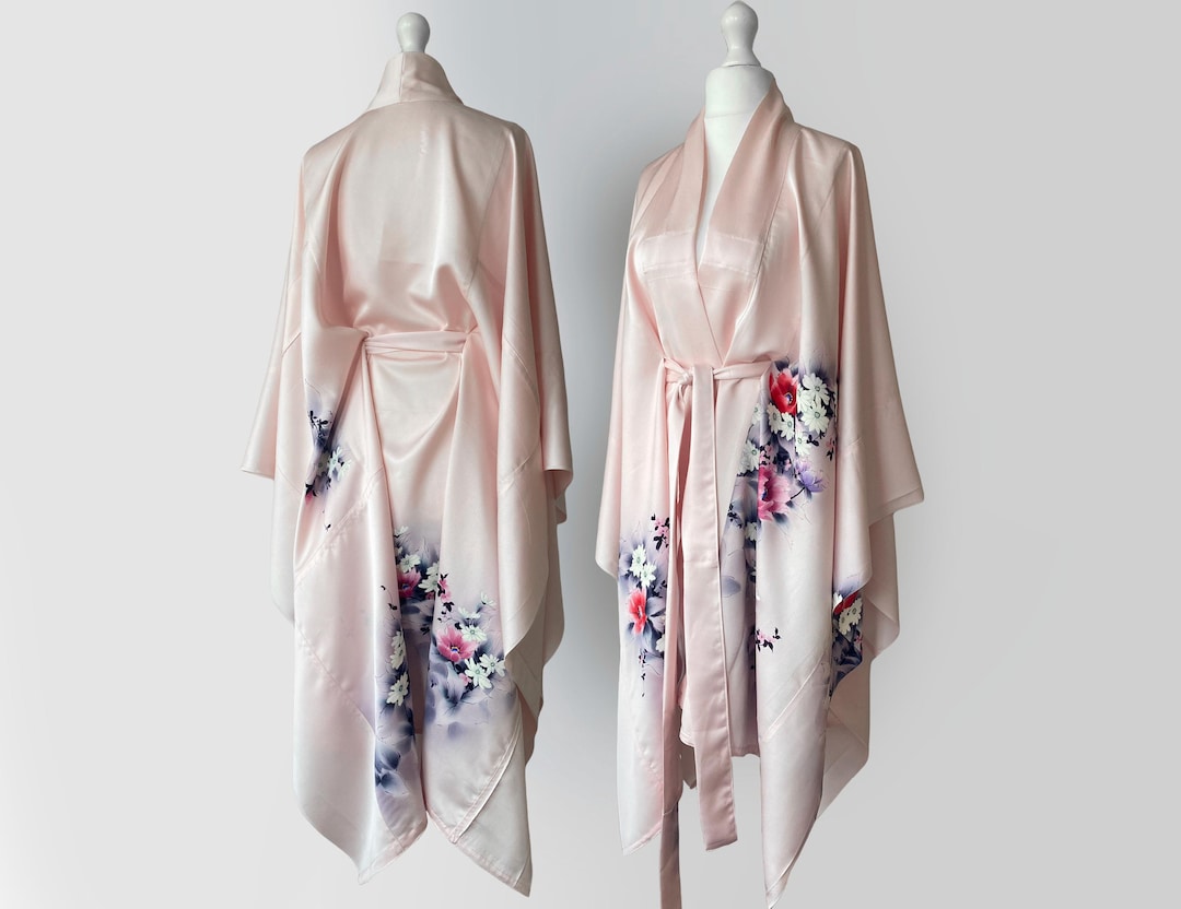 Painted Robe Pink Floral Summer Boho Robe. Hand Painted Belted Kimono Robe. Vintage ...