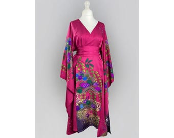Upcycled Silk Kimono Robe: Pink Floral Duster Gown