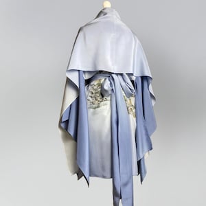 Hand-Painted Blue Silk Kimono Robe Dress with Shawl