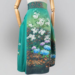 Green Silk Wrap Skirt: Hand-Painted Cherry Blossoms, Upcycled Kimono