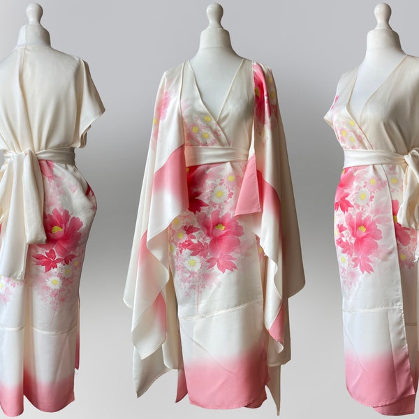 Pink Flower Silk Dress with Cape Top. Vintage Silk Kimono Wrap Dress. Long Cape Top. Japanese Hand Painted Kimono Silk > Zero Waste Process