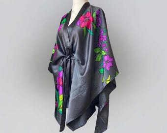 Vintage Silk Kimono Robe: Boho Belted Jacket, Tropical Floral Art