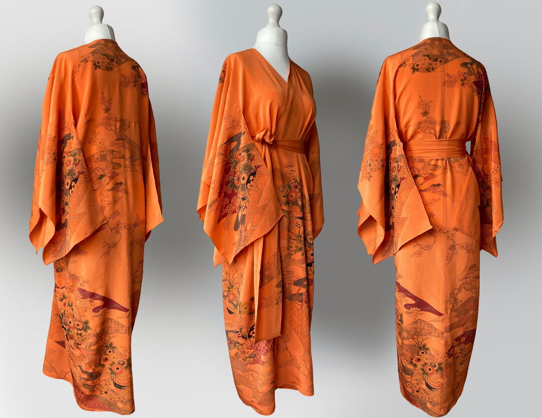 Burnt Orange Kimono Duster Dress. Vintage Silk Kimono Sleeve Etsy