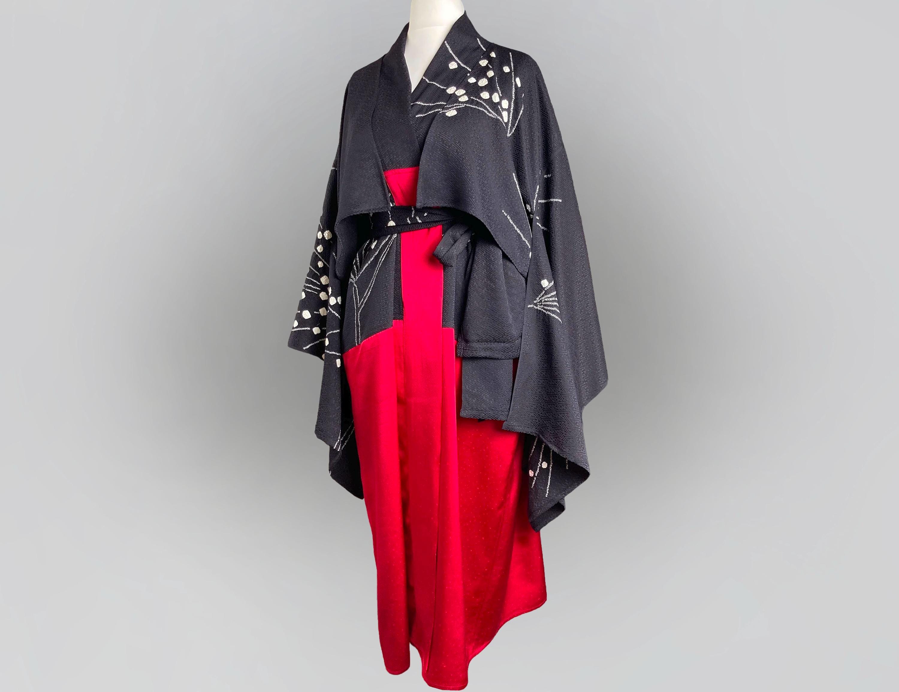 Black & Red Kimono Outfit. Cropped Kimono Top and Wrap Dress