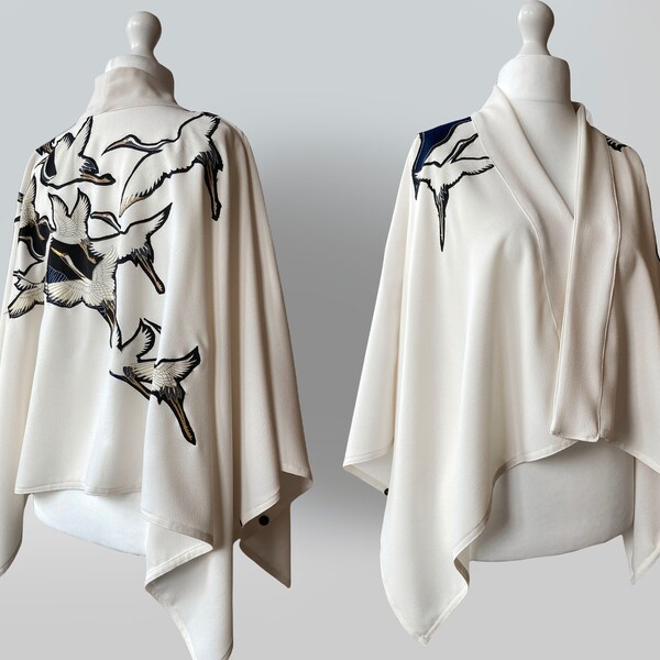 Cropped Loose Kimono Jacket / Flowing Ivory Short Cape Jacket / Appliqué Design Jacket / Upcycled Vintage Japanese Kimono Silk / OOAK