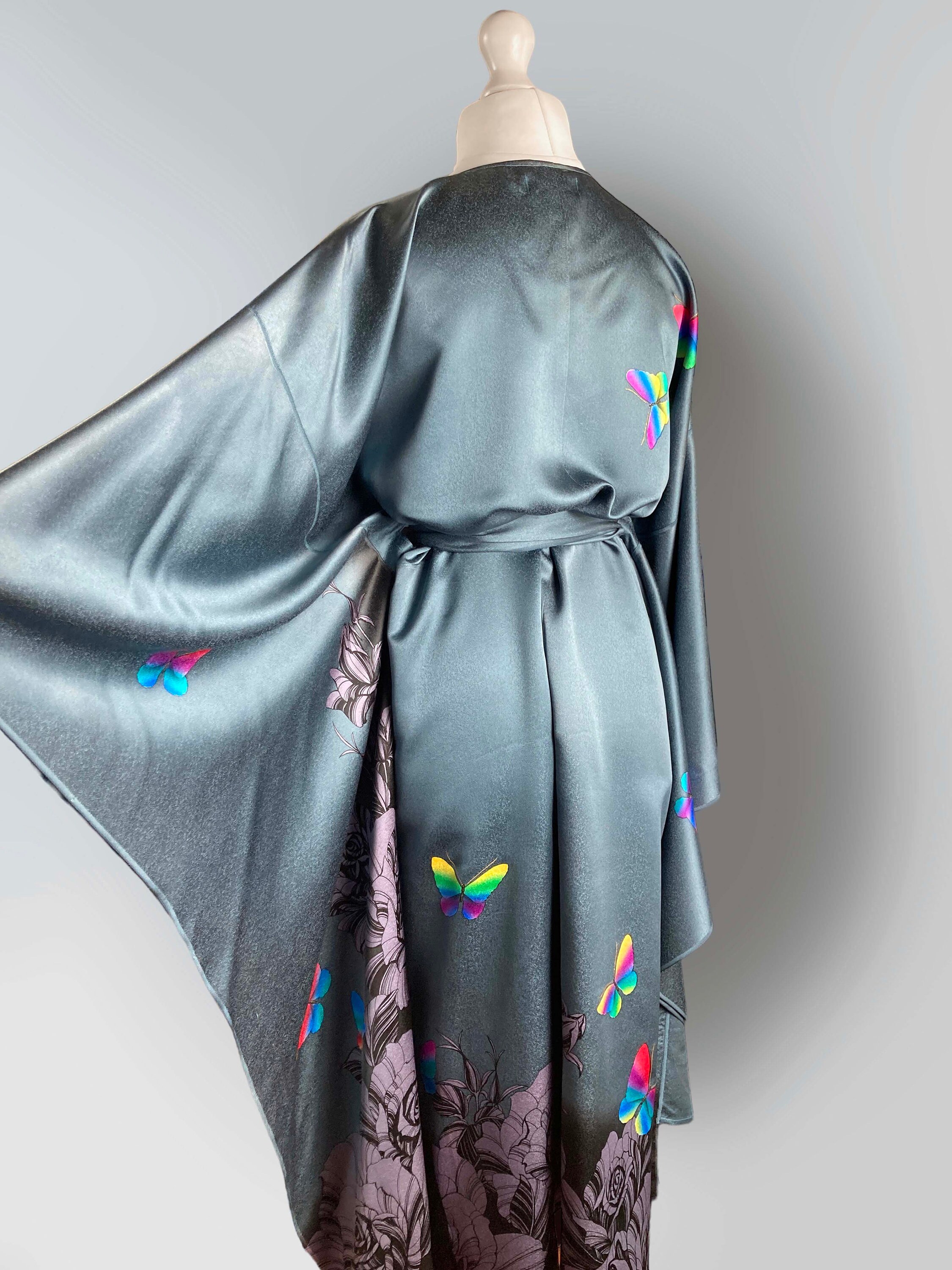 Silver Blue Butterly Kimono Gown. Oversized Flowing Pure