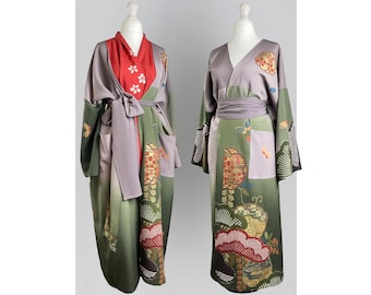 May include: Two long, flowing robes with a green and purple color scheme. Both robes have intricate floral patterns and are tied at the waist with a sash.