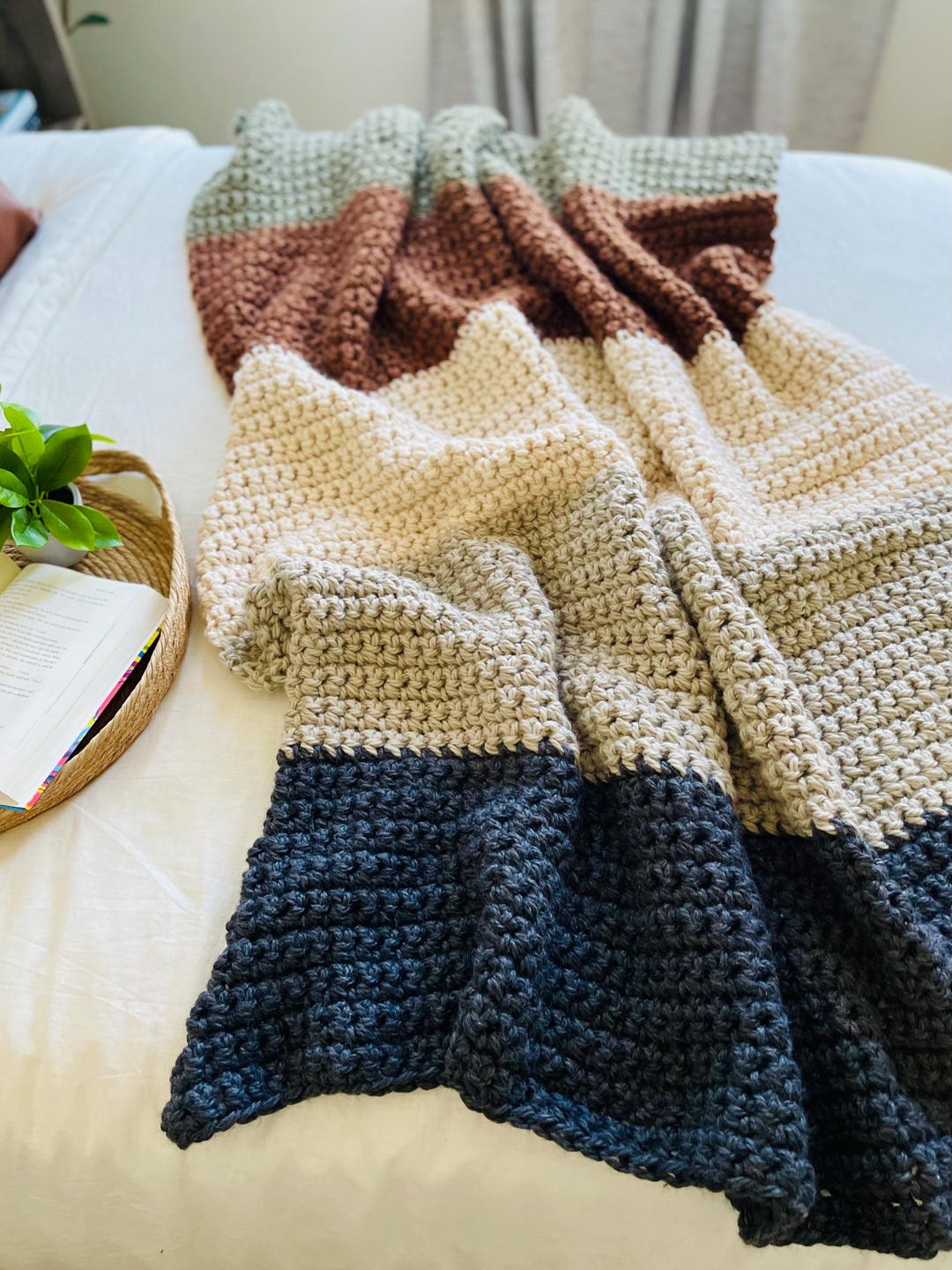 Color-block Crochet Throw | Olive Green Melange | Recycled Fibers ...