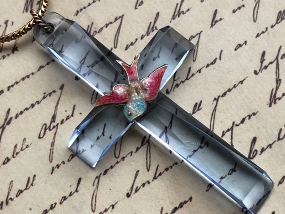 Silver Small Crystal Cross with Flower Detail Silver Small Crystal Cross with Flower Detail