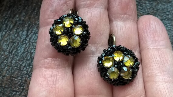 Antique 1930's Art Deco Metal Black Beads Yellow G