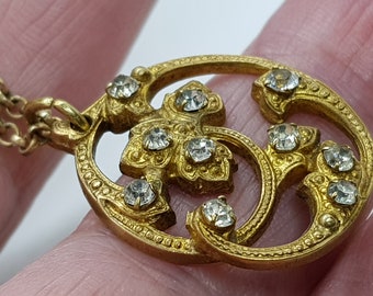 Antique 1900's Art Nouveau Brass Diamante Mirror Glass Paste Rhinestone Exquisite Pendant Chain
