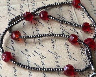 Antique 1800's Rich Bright Red Color Irregularly Faceted Glass Raw Beads Antique Cut Steel Beads 925 Sterling Silver Clasp 27 cm Anklet