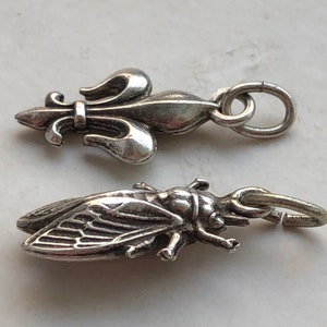 May include: Two silver charms, one shaped like a fleur-de-lis and the other like a cicada.