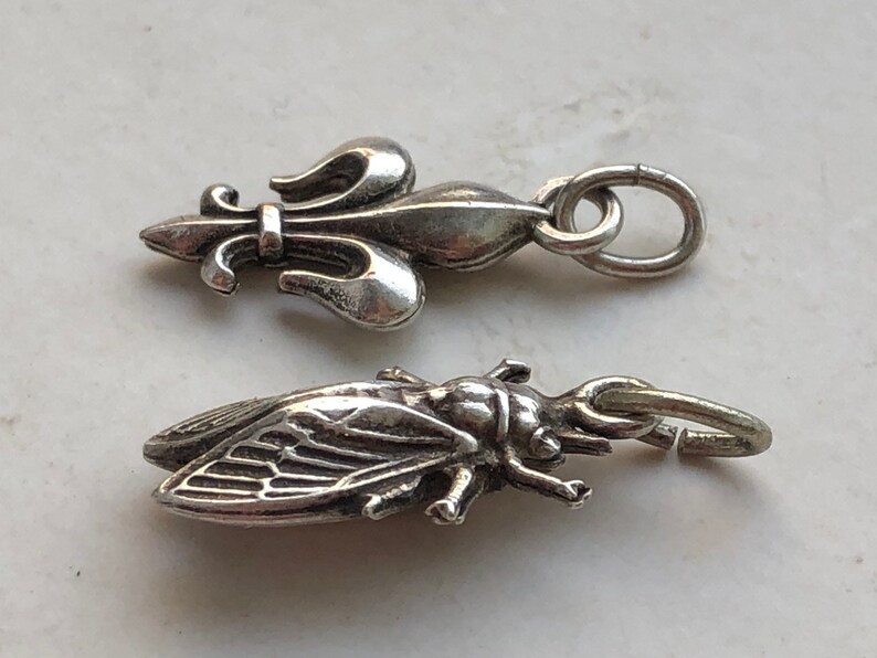 May include: Two silver charms, one shaped like a fleur-de-lis and the other like a cicada.