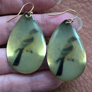 Vintage Antique Style Enamel Gold Color Metal Bird Large Drop Dangle Earrings