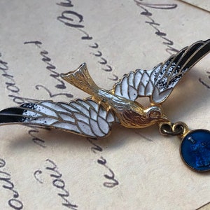 Antique 1930&#39;s Art Deco Gold Metal Multi-Colored Enamel Swallow Bird Religious Icon Brooch