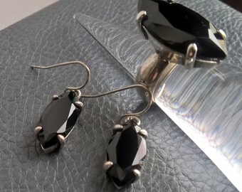 Set of Vintage PILGRIM Black Crystal Plated Silver Antique Style Earrings Ring