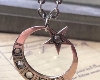 Antique 1910's Edwardian / Brass Rose Cut Paste Glass / Moon Star /Extraordinary Beauty! Women's Men's Pendant