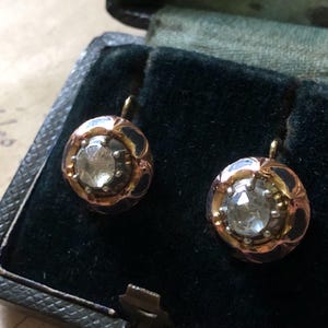 Può includere: Un paio di orecchini antichi con una pietra centrale trasparente, circondata da dettagli in oro, rame e smalto nero. Gli orecchini sono esposti in un portagioie vintage in velluto nero, che mette in risalto il loro design e la loro maestria.