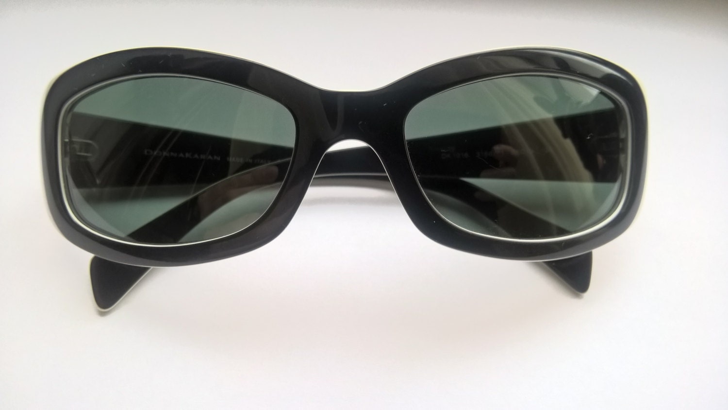 Vintage Donna Karan Women's Black and White Frame Dark Green Plastic Sunglasses