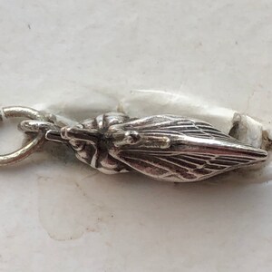 May include: Silver charm in the shape of a cicada with a loop for attaching to a bracelet or necklace.