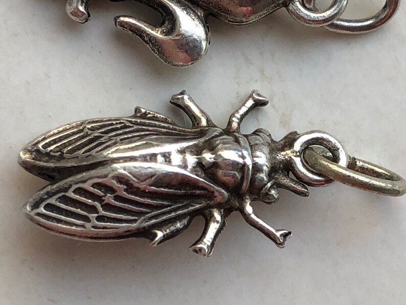 May include: A silver charm in the shape of a cicada insect. The charm has detailed wings and legs, and a loop for attaching to a bracelet or necklace.