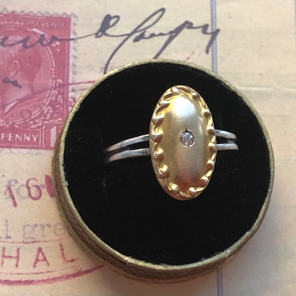 Antique 1800's Victorian Brushed Gold Plated Antique Top Rhinestone Paste Bead Center Sterling Silver Finger Handmade Ring