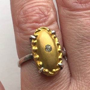 Antique 1800&#39;s Victorian Brushed Gold Plated Antique Top Rhinestone Paste Bead Center Sterling Silver Finger Handmade Ring
