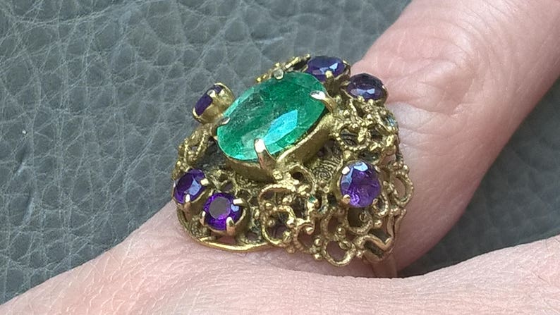 Antique 1930/'s Brass Filigree Natural Indian Emerald Amethyst Adjustable Ring