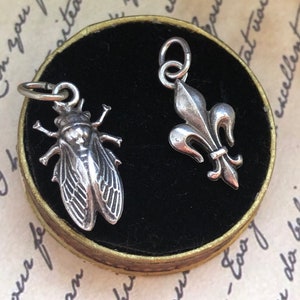 May include: Two silver charms in a black velvet box. One charm is a detailed cicada insect, the other is a fleur-de-lis.