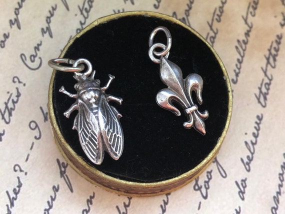 Antique 1910's Edwardian Silver Metal/Silver Plating?/ Patina Cicada Fleur De Lis Small Double-Sided Charm Pendants