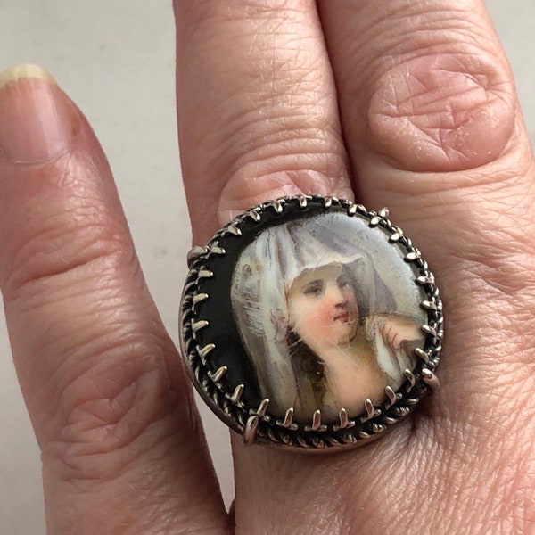 Antique Victorian 1890's Hand Painted Porcelain Portrait Lady TOP Sterling Silver Ornament US 7 3/4 Ring