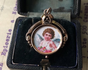 Antique 1900's Victorian Rolled Gold Metal Glass Angel Girl Roses Pendant
