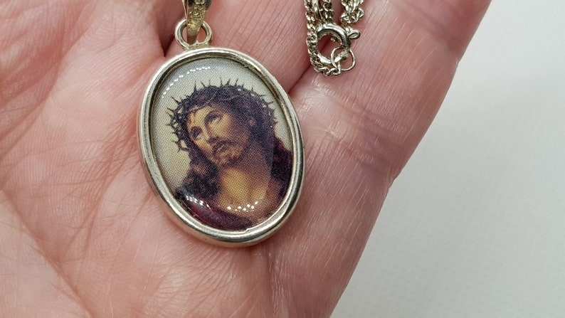Antique Sterling Silver Double Sided Oval /'JESUS /& MARY/' Religious Pendant Chain Necklace