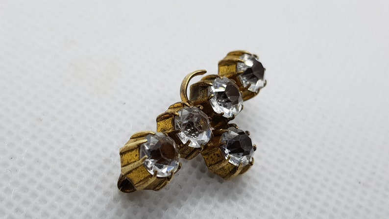 Antique 1900/'s Brass White Clear Faceted Glass Beads Brooch