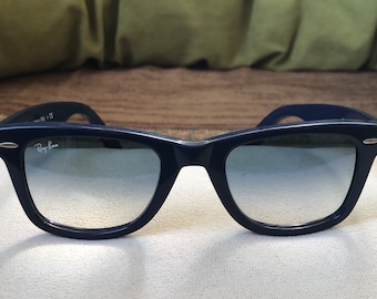 Vintage 2000's Ray Ban Wayfarer Blue Frame Handmade Model 2140 Half Lens Darkened Original RB Laser Engraving Sunglasses