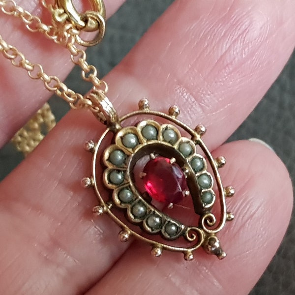 Antique 1910's Gold Plated Ruby Glass Seed Pearl Horseshoe Pendant Rolo Brass Chain