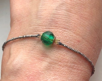 Antique 1800's Victorian Cut Steel Beads Emerald Round Faceted Glass Bead Gold Color Czech Clasp Handmade 17.2 cm Bracelet