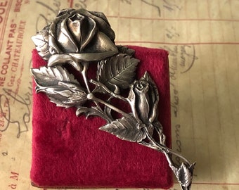 Antique 1910's Edwardian Silver Color Metal Large Richly Detailed Rose Flower Pendant