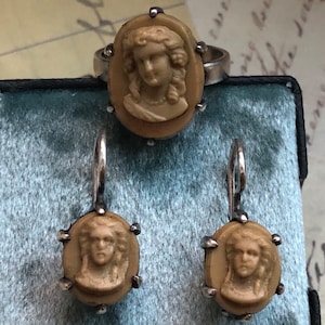 Set: Antique 1900&#39;s Cameo TOP Sterling Silver Vintage Ring Earrings