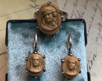 Set: Antique 1900&#39;s Cameo TOP Sterling Silver Vintage Ring Earrings