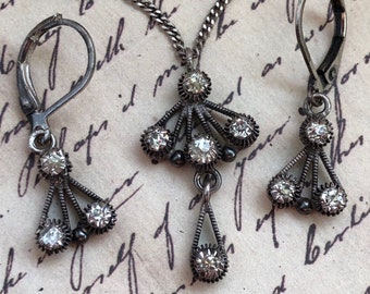 Set: 3 x Antique 1910&#39;s Old Silver Metal Sterling Silver Plated Ears Paste Rhinestone Pendant Necklace Dangle Earrings Sterling Chain
