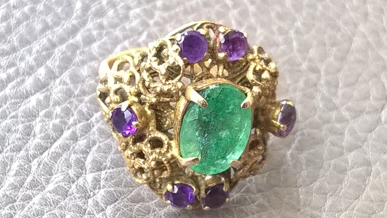 Antique 1930/'s Brass Filigree Natural Indian Emerald Amethyst Adjustable Ring