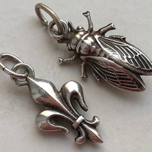 May include: Two silver charms, one shaped like a fleur-de-lis and the other like a cicada.