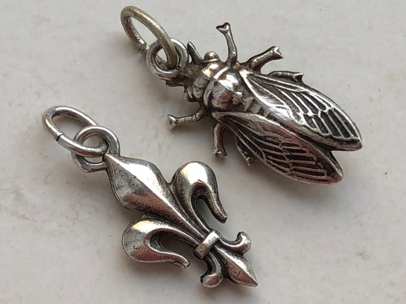 May include: Two silver charms, one shaped like a fleur-de-lis and the other like a cicada.