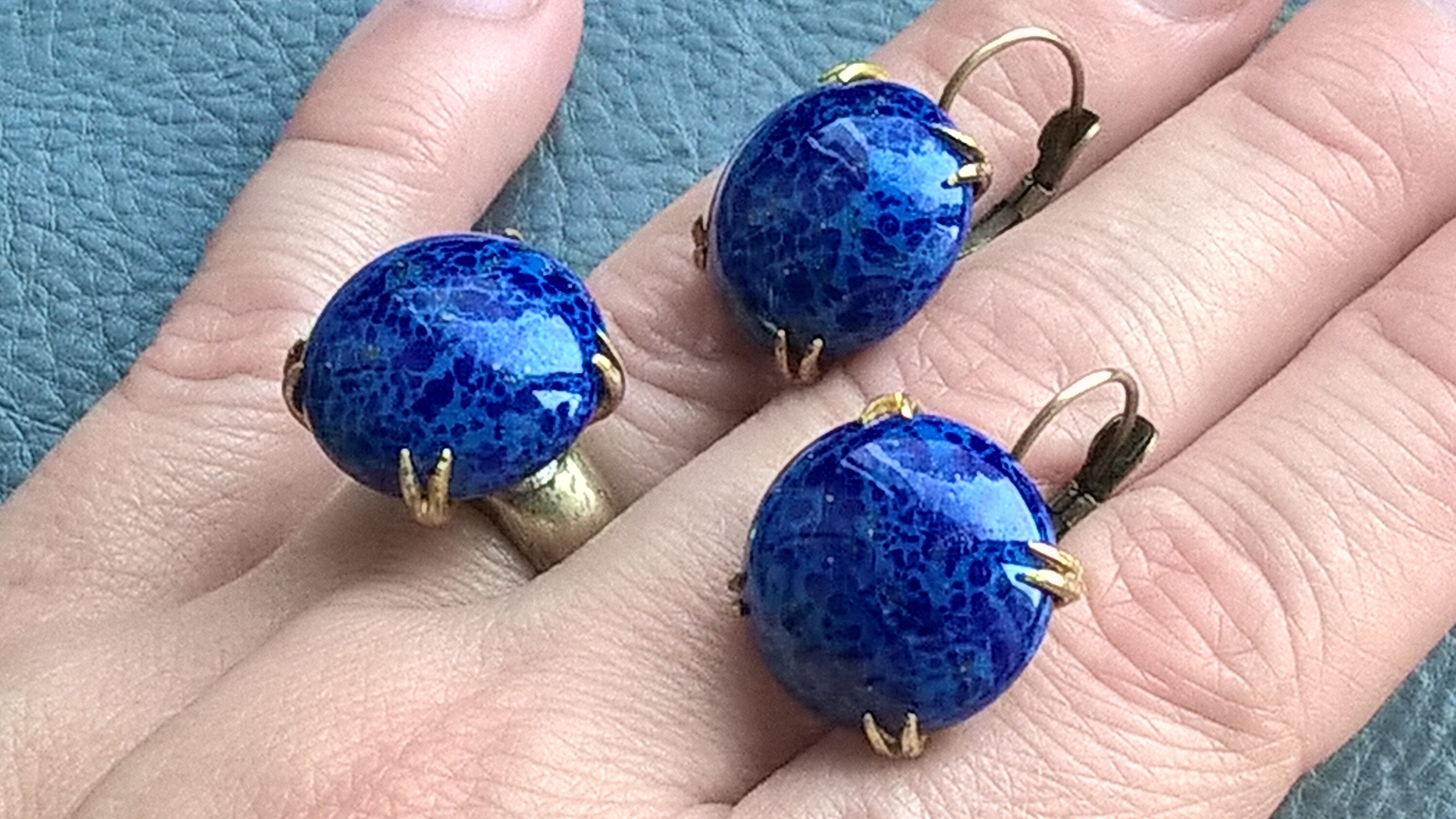 Antique 1930's Art Deco Set x Lapis Lazuli Gold Inclusions Glass Brass Gold Color Metal Dangle Earrings Ring
