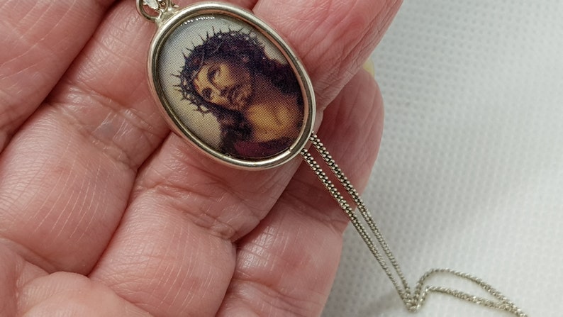 Antique Sterling Silver Double Sided Oval /'JESUS /& MARY/' Religious Pendant Chain Necklace
