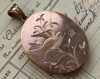 Antique 1880/90's Victorian Aesthetic Movement Aesthetic Era Real Silver Gilding Hand Engraved Bird Large Chic Locket Pendant