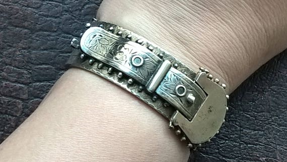Antique 1900/'s Silver Plated Hand-Engraved Belt Buckle Additional Secure Chain Oval Bracelet