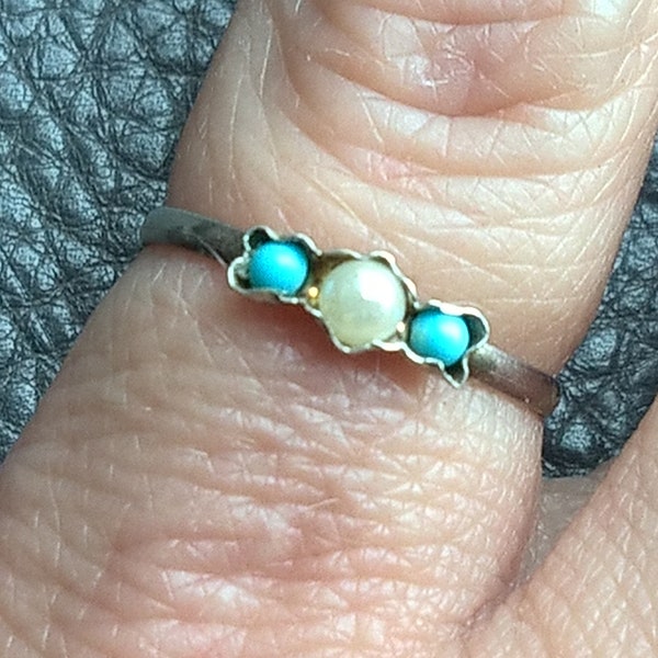 Antique 1910's Edwardian 800 Marked Silver Seed Pearl Turquoise Glass Child? Miniature Ring